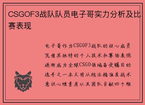 CSGOF3战队队员电子哥实力分析及比赛表现