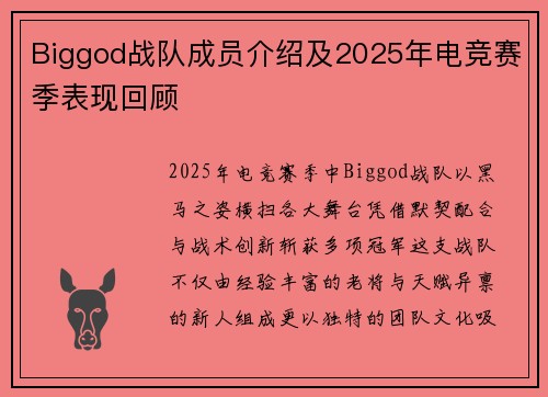 Biggod战队成员介绍及2025年电竞赛季表现回顾